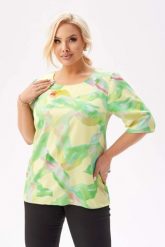 Bluzka Spring z krótkim rękawem i lekką bufką w pastelowych kolorach żółtego i zieleni PLUS SIZE XXL. Zielone bluzki damskie Moda Size Plus Iwanek, plus size, bez wzorów, z elastanu, biznesowe, bez kołnierzyka, plus size, bez ramiączek. Za 169.90 zł.