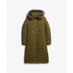 Długa kurtka z kapturem z sztucznego futra dla kobiet Superdry Fuji. Zielone kurtki damskie Superdry, na zimę, l, z aplikacjami, z puchu, z kapturem. Za 723.05 zł.
