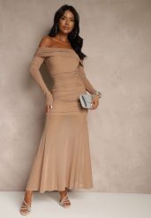 Ciemnobeżowa Koktajlowa Sukienka z Prześwitującymi Rękawami i Marszczeniem Haludea. Brązowe sukienki damskie Renee, bez wzorów, klasyczne, bez ramiączek. Za 149.99 zł.