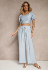 Niebieskie Szerokie Spodnie High Waist z Wiskozy z Gumką w Talii Lannalie. Niebieskie spodnie materiałowe damskie Renee, bez wzorów, z jeansu. Za 49.99 zł.