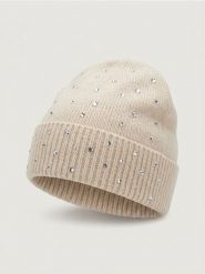 Czapka beanie z cyrkoniami - kremowy. Białe czapki damskie Sinsay, bez wzorów. Za 22.99 zł.