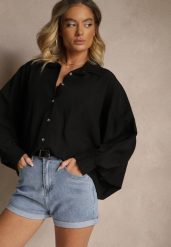 Czarna Koszula z Wiskozą w Stylu Nietoperza Sonarielia. Czarne koszule damskie Renee, bez wzorów, z wiskozy, eleganckie, bez kołnierzyka, bez ramiączek. Za 74.99 zł.