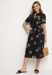 Czarna Koszulowa Sukienka z Wiskozy z Haftowanymi Kwiatami i Paskiem Diviera. Czarne sukienki damskie Born2be, bez wzorów, z wiskozy, boho, bez ramiączek. Za 169.99 zł.