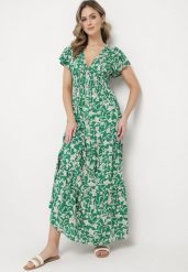 Zielona Sukienka Maxi w Kwiaty z Falowanymi Rękawkami i Gumką w Talii Mulanitti. Zielone sukienki damskie Born2be, bez wzorów, bez ramiączek. Za 109.99 zł.