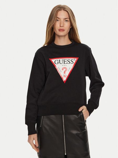 Guess Bluza W2YQ16 KBA11 Czarny Regular Fit. Czarne bluzy damskie Guess, l, z aplikacjami, z bawełny, bez kaptura. Za 229.99 zł.