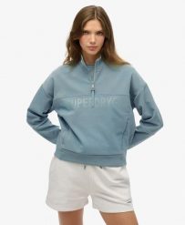 Superdry Bluza Active Tech Logo Relaxed Half Zip Luźny krój. Niebieskie bluzy damskie Superdry, bez wzorów, z bawełny, bez kaptura. Za 343.05 zł.