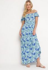 Niebieska Rozkloszowana Sukienka Typu Hiszpanka z Marszczoną Górą Jesteria. Niebieskie sukienki damskie Born2be, bez wzorów, eleganckie, bez ramiączek. Za 79.99 zł.