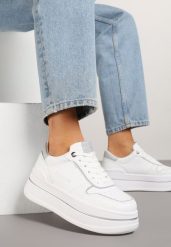 Biało-Srebrne Sneakersy na Platformie Ozdobione Brokatem i Napisem Udivoria. Białe obuwie sportowe damskie Renee, z jeansu, bez zapięcia. Za 89.99 zł.