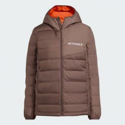 Kurtka z kapturem Terrex Multi Light Down CLIMAWARM. Brązowe kurtki damskie Adidas, xl, bez wzorów, z puchu, z kapturem. W wyprzedaży za 454.30 zł.