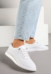 Białe Skórzane Sneakersy Ozdobione Aplikacją i Perforacją Taneorisa. Białe obuwie sportowe damskie Born2be, z jeansu, bez zapięcia. Za 109.99 zł.