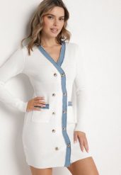 Biała Dzianinowa Sukienka z Wiskozą w Stylu Retro z Ozdobnymi Napami Tesmere. Białe sukienki damskie Born2be, z aplikacjami, z dzianiny, eleganckie, bez ramiączek. Za 129.99 zł.