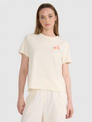 4F T-shirt oversize z nadrukiem damski - beżowy M. Brązowe t-shirty damskie 4F, m, bez wzorów, z bawełny, bez kołnierzyka. W wyprzedaży za 39.99 zł.