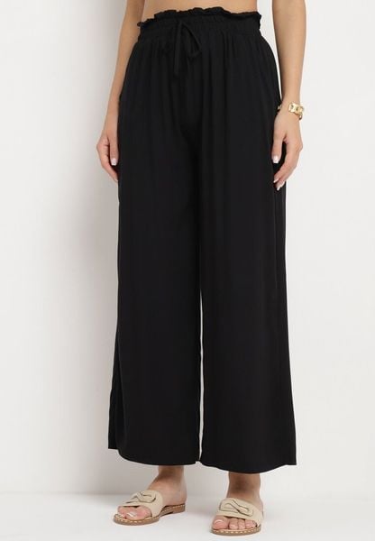 Czarne Szerokie Bawełniane Spodnie Palazzo z Wysokim Stanem i Elastyczną Gumką w Pasie Nelonia. Czarne spodnie materiałowe damskie Born2be, bez wzorów, z bawełny. Za 39.99 zł.