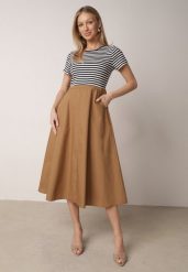 Niebieska Rozkloszowana Sukienka z Bawełny z Górą w Paski Aethephaia. Niebieskie sukienki damskie Born2be, bez wzorów, z bawełny, casualowe, bez ramiączek. Za 99.99 zł.