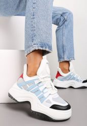 Biało-Niebieskie Sneakersy z Przeszyciami i Żłobieniami na Grubej Podeszwie Aviral. Białe obuwie sportowe damskie Renee, bez zapięcia. Za 79.99 zł.