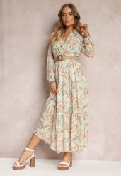 Miętowa Sukienka Maxi z Plecionym Paskiem i Gumką w Talii w Kwiaty Elanisa. Zielone sukienki damskie Renee, bez wzorów, bez ramiączek. W wyprzedaży za 111.99 zł.