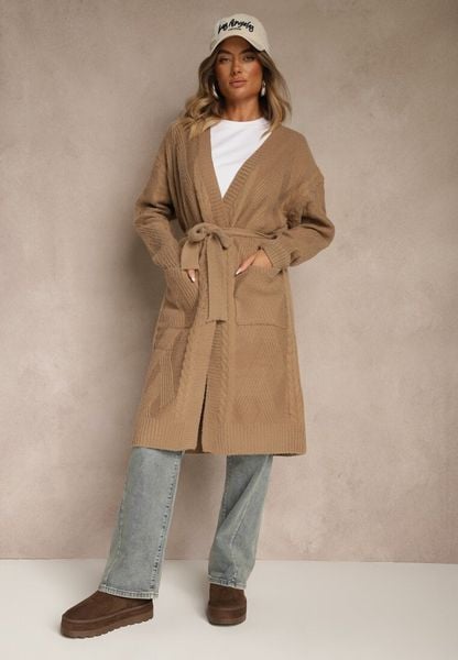 Brązowy Tłoczony Kardigan z Wełną o Kroju Bez Zapięć z Paskiem Dorrive. Brązowe kardigany damskie Renee, bez wzorów, z dzianiny. Za 79.99 zł.