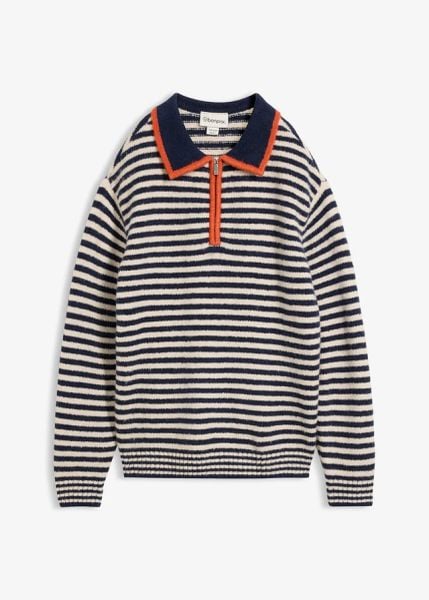 Sweter ze strukturalnej dzianiny ze stójką. Niebieskie swetry klasyczne damskie bonprix, z dzianiny, bez kołnierzyka. Za 109.99 zł.