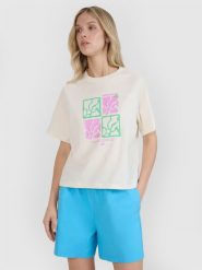 4F T-shirt oversize z nadrukiem damski - biały XL. Białe koszulki sportowe damskie 4F, s, bez wzorów, z bawełny, bez ramiączek. W wyprzedaży za 39.99 zł.