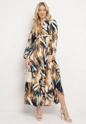 Beżowo-Zielona Sukienka Rozkloszowana w Abstrakcyjny Print z Koszulową Górą Analow. Brązowe sukienki damskie Born2be, bez wzorów, z materiału, bez ramiączek. W wyprzedaży za 135.99 zł.
