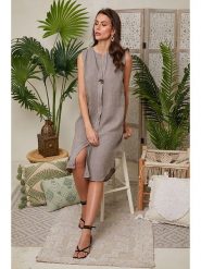 Lin Passion Lniana sukienka w kolorze jasnobrązowym rozmiar: 38/40. Brązowe sukienki damskie Lin Passion, bez wzorów, ze lnu, klasyczne, bez ramiączek. Za 173.99 zł.