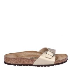 Klapki damskie Birkenstock Madrid. Żółte klapki damskie Birkenstock, bez wzorów, z materiału, bez obcasa, bez zapięcia. Za 406.00 zł.