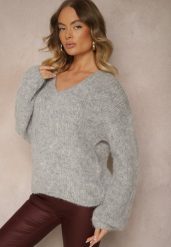 Jasnoszary Sweter z Dodatkiem Wełny i Szerokimi Rękawami Inathira. Szare swetry klasyczne damskie Renee, na zimę, z jeansu, bez kołnierzyka. Za 139.99 zł.