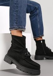 Czarne Botki z Łańcuchem na Grubej Podeszwie Miceze. Czarne botki damskie Renee, z jeansu, eleganckie, bez obcasa, na płaskiej podeszwie, bez zapięcia. Za 119.99 zł.
