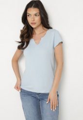 Jasnoniebieski Bawełniany T-shirt z Trójkątnym Dekoltem Ulivaria. Niebieskie t-shirty damskie Born2be, l, bez wzorów, z bawełny, bez kołnierzyka. Za 29.99 zł.