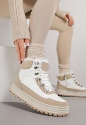 Białe Sneakersy w Stylu Traperów na Platformie Ewedora. Białe obuwie sportowe damskie Renee, z jeansu, bez zapięcia. Za 79.99 zł.