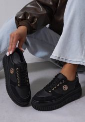 Czarne Sneakersy Vices na Platformie z Tłoczeniem Ozdobione Metaliczną Aplikacją Eriri. Czarne obuwie sportowe damskie Renee, z jeansu, bez zapięcia. Za 119.99 zł.