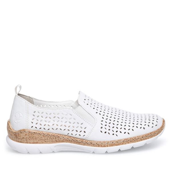 Półbuty Rieker. Białe półbuty damskie Rieker, bez wzorów, bez obcasa, na płaskiej podeszwie, bez zapięcia. Za 189.99 zł.