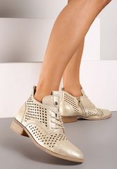 Złote Płaskie Botki z Ażurowym Zdobieniem Skórzaną Wkładką i Sznurowaniem Jagelia. Żółte botki damskie Renee, z bawełny, biznesowe, bez obcasa, na obcasie, bez zapięcia. Za 169.99 zł.