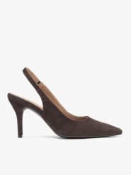 Brązowe czółenka bez pięty slingback na wysokim obcasie. Brązowe czółenka damskie Brawo sp. z o.o., bez wzorów, z gumy, bez obcasa, na obcasie. Za 399.99 zł.