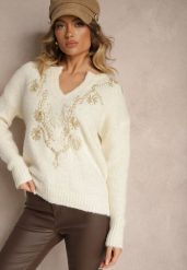 Jasnobeżowy Sweter z Wełną i Metalicznym Wzorem w Kwiaty Senithea. Brązowe swetry klasyczne damskie Renee, na jesień, m, z jeansu, bez kołnierzyka. Za 139.99 zł.
