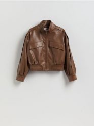 Kurtka biker z imitacji skóry - brązowy. Brązowe kurtki damskie Reserved, l, bez wzorów, ze skóry, bez kaptura. Za 279.99 zł.