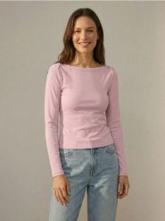 Bawełniana koszulka z długim rękawem w prążek - różowy. Czerwone koszulki damskie Sinsay, l, bez wzorów, z bawełny, bez kołnierzyka, bez ramiączek. Za 19.99 zł.