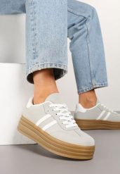 Beżowo-Szare Sneakersy Tenisówki z Ozdobnymi Paskami Mirnelis. Brązowe obuwie sportowe damskie Born2be, z jeansu, bez zapięcia, tenisowe. Za 89.99 zł.