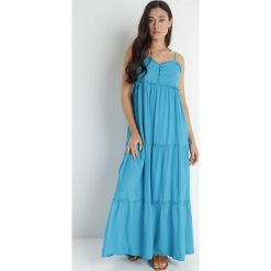 Niebieska Sukienka Cilaris. Niebieskie sukienki damskie Born2be, bez wzorów, z tkaniny, bez ramiączek. Za 119.99 zł.