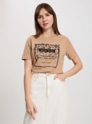 Cross Jeans Koszulka w kolorze beżowym rozmiar: S. Brązowe koszulki damskie Cross Jeans, s, bez wzorów, z jeansu, bez kołnierzyka, bez ramiączek. Za 52.67 zł.