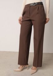 Brązowe Garniturowe Spodnie VICES na Kant z Wszytym Paskiem z Klamrą Azivore. Brązowe spodnie materiałowe damskie Born2be, bez wzorów, z jeansu. Za 119.99 zł.