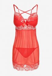 Czerwona Koszula Nocna z Ozdobną Koronką i Stringami Ruscus. Czerwone koszule nocne i halki Renee, bez wzorów, z koronki, bez ramiączek. Za 44.99 zł.