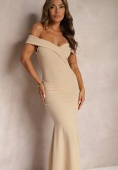 Jasnobeżowa Taliowana Sukienka Maxi z Rozcięciem Perlina. Brązowe sukienki damskie Renee, bez wzorów, eleganckie, bez ramiączek. W wyprzedaży za 127.99 zł.