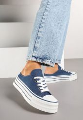 Granatowe Trampki przed Kostkę na Platformie Jalirna. Niebieskie trampki damskie Born2be, z aplikacjami, przed kostkę, bez zapięcia. Za 84.99 zł.