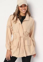 Ciemnobeżowa Kurtka Parka z Bawełną Ściągana w Pasie Troczkiem Zapinana na Napy Velethra. Brązowe kurtki damskie Born2be, l, z bawełny, bez kaptura. Za 74.99 zł.