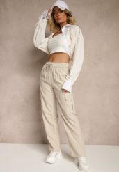 Jasnobeżowe Spodnie Cargo z Bawełną o Szerokim Kroju High Waist Mairiora. Brązowe spodnie materiałowe damskie Renee, bez wzorów, z bawełny. Za 39.99 zł.