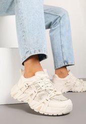 Beżowe Sneakersy na Grubej Podeszwie z Geometrycznym Wzorem i Cyrkoniami Lavinoria. Brązowe obuwie sportowe damskie Born2be, z jeansu, bez zapięcia. Za 109.99 zł.