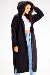 Niezapinana Długa Bluza z Kapturem - Czarna. Czarne bluzy damskie Awama, l, bez wzorów, z bawełny, z kapturem. Za 228.90 zł.