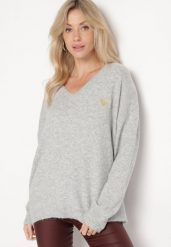 Szary Sweter z Wełną i Trójkątnym Dekoltem Zivida. Szare swetry klasyczne damskie Born2be, z jeansu, bez kołnierzyka. Za 129.99 zł.