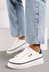 Biało-Granatowe Casualowe Sneakersy na Grubej Podeszwie z Metalicznymi Wstawkami Vailia. Białe obuwie sportowe damskie Born2be, bez zapięcia. Za 79.99 zł.